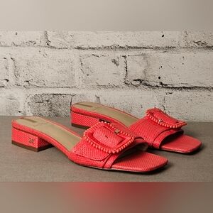 Sam Edelman Raffia Buckle Slide Sandals Coral Block Heel Mule Size 6.5